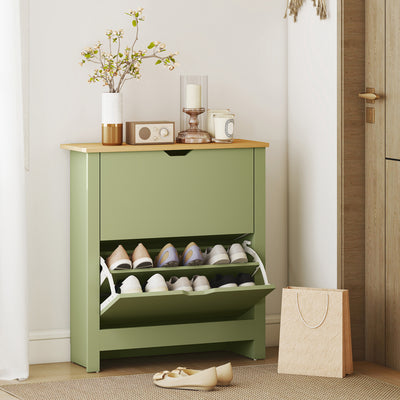 HOMCOM Slim Shoe Cabinet, Narrow Shoe Cupboard with 2 Flip Drawers, Adjustable Shelves for 12 Pairs of Shoes, Green 