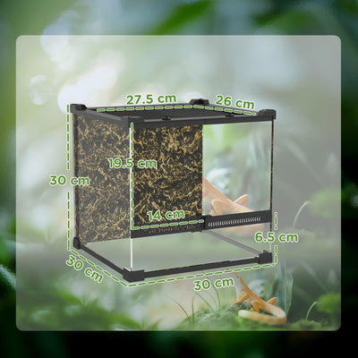 PawHut Reptile Glass Terrarium with Stone Background, Front Ventilation, Escape-Proof Knob Lock, 30 x 30 x 30 cm, Black 