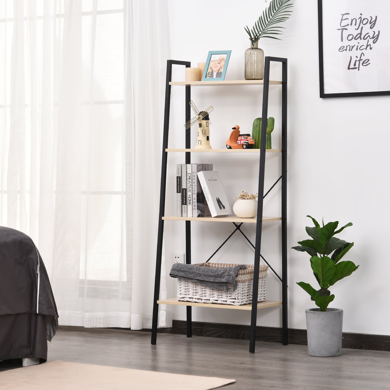 HOMCOM Bookcase 4-Tier Vintage Ladder Shelf with Wood Storage Rack, Stand Plants Display, Black and Natural 
