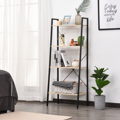 HOMCOM Bookcase 4-Tier Vintage Ladder Shelf with Wood Storage Rack, Stand Plants Display, Black and Natural 