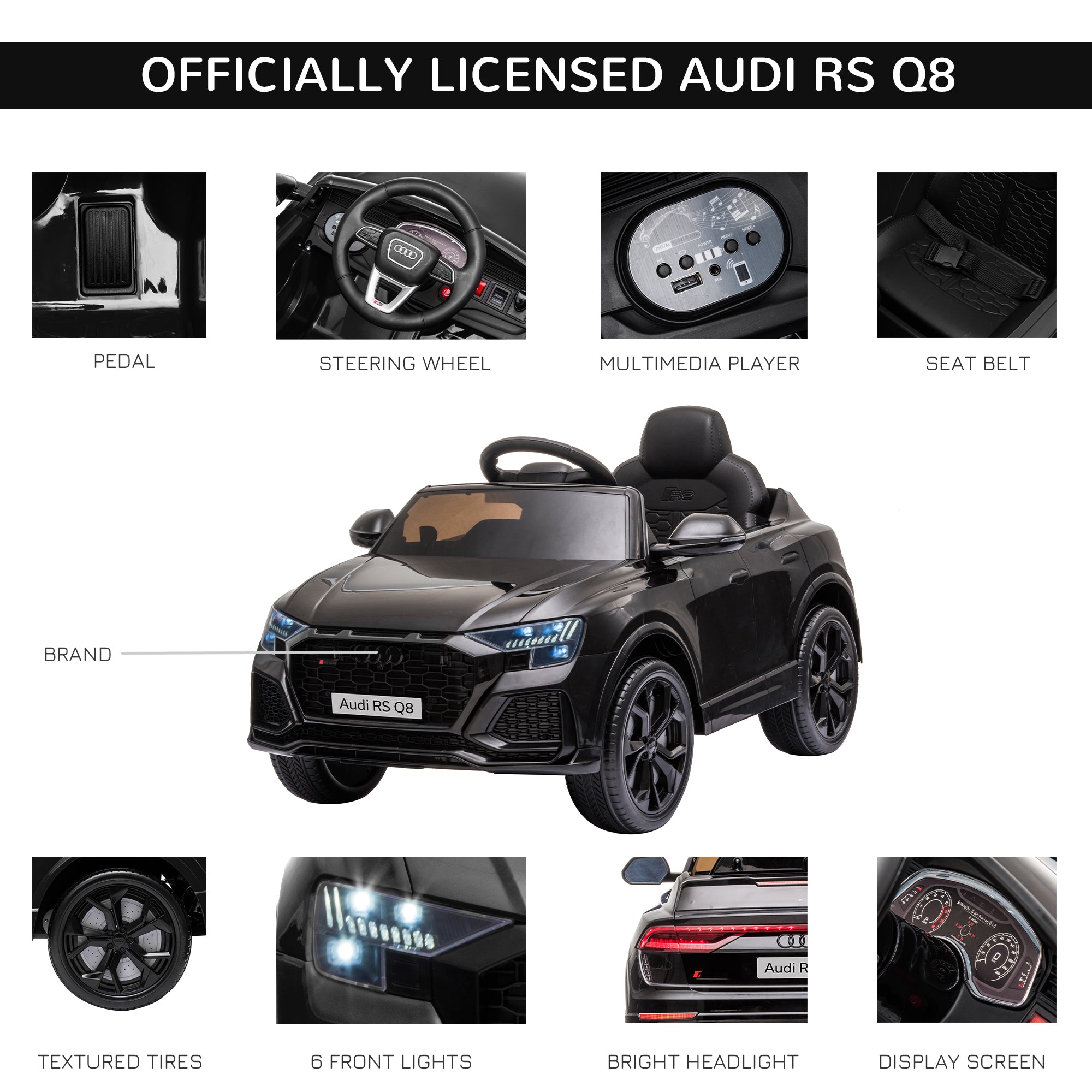 HOMCOM Audi RS Q8 Licensed Electric Car for Kids, 6V Kids' Electric Ride on with Remote Control, 7Ah Big Battery, Lights Bluetooth, Music USB MP3, for 3-5 Years Old, Black 