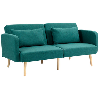 HOMCOM 2/3 Seater Sofa Bed, Convertible Bed Settee, Fabric Sofa Couch with 2 Cushions for Living Room, Guest Room, Green 