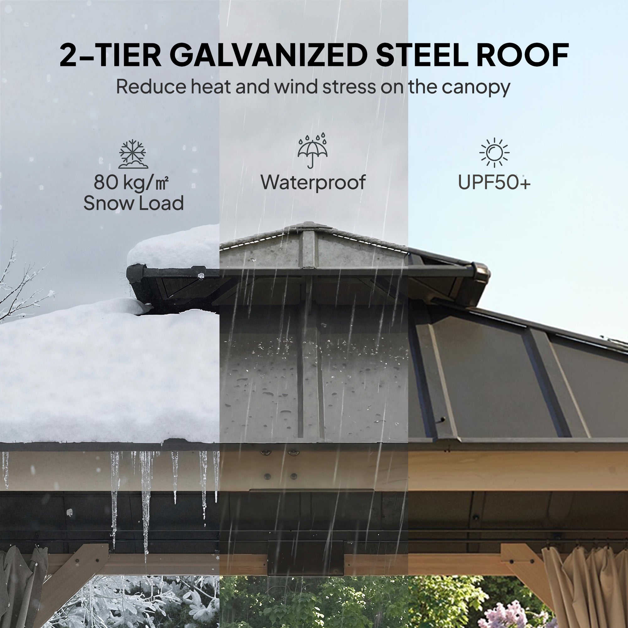 Outsunny 3 x 3 m Outdoor Hardtop Gazebo Canopy with 2-Tier Steel Roof, Wood Garden Gazebo with Curtains, Light Grey 