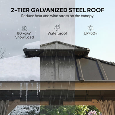Outsunny 3 x 3 m Outdoor Hardtop Gazebo Canopy with 2-Tier Steel Roof, Wood Garden Gazebo with Curtains, Light Grey 