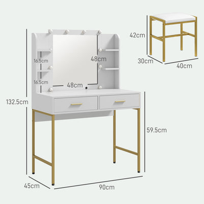 HOMCOM Dressing Table with Lighted Mirror, Cushioned Stool, Drawers, Shelves, LED Makeup Vanity Desk Set, Modern Dresser Vanity Table for Bedroom, White 