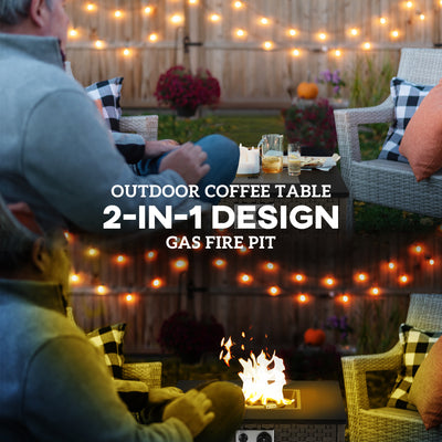 Outsunny Rattan Gas Fire Pit Table for Garden, 13 KW Smokeless Propane Fire Pit with Lid, Square Garden Coffee Table with Patio Heater for Outdoor, Patio, 58 x 58 x 33 cm, Grey 