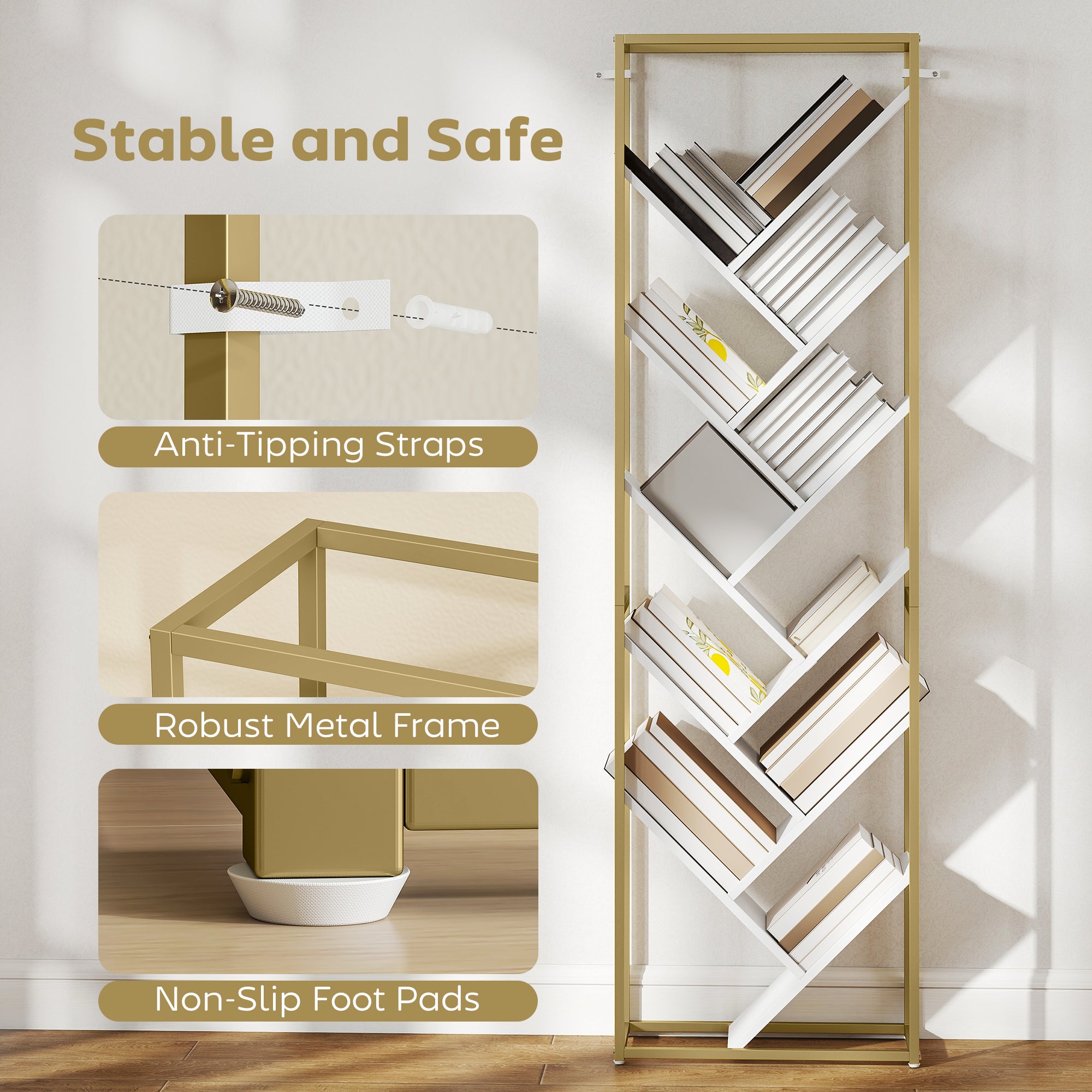 HOMCOM 10 Shelf Modern-Style Bookshelf - Gold Tone/White 