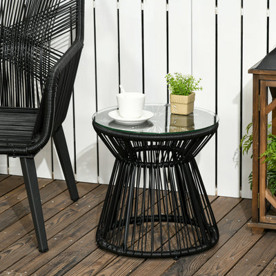 Outsunny Round End Table, Rattan Side Table, Hollow Drum Design Coffee Table w/ Glass Tabletop for Patio, Garden, Balcony Black 