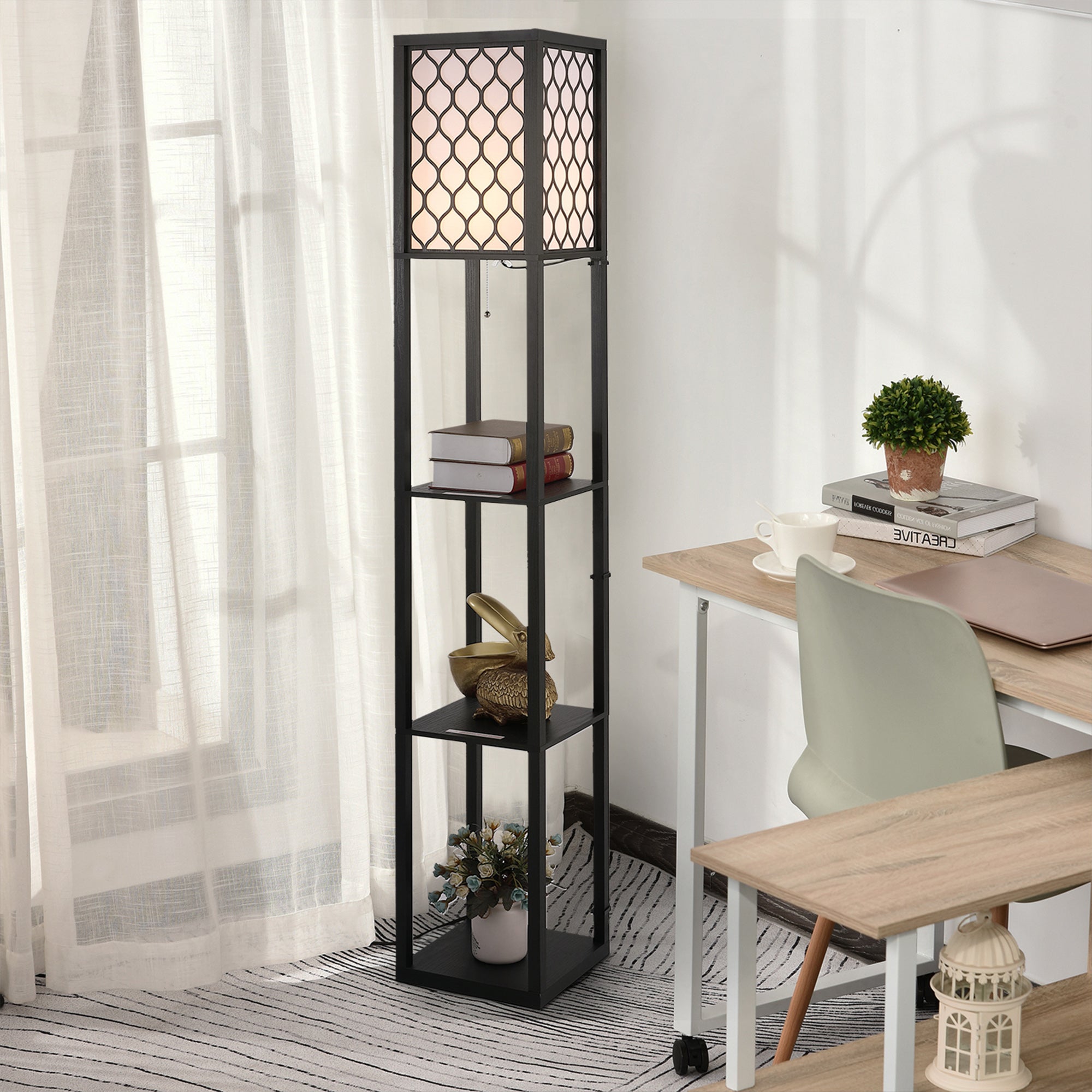 HOMCOM Shelf Floor Lamp Standing Lamp W/4-tier Wooden Open Shelves,26L x 26W x 160Hcm-Black/White 