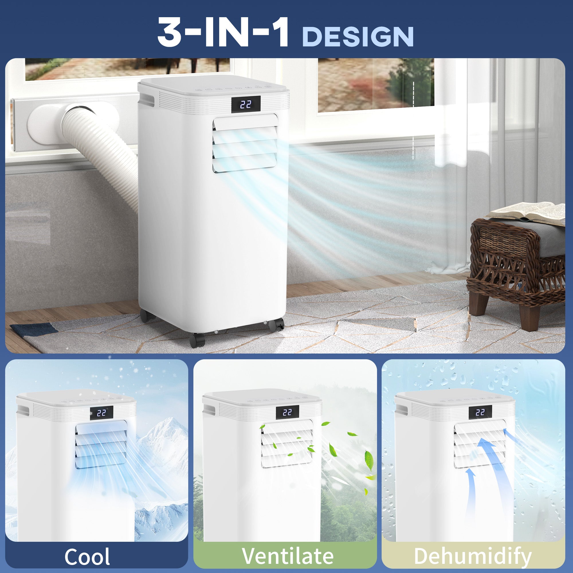 HOMCOM 8000 BTU Air Conditioning Unit, 3-in-1 Portable Air Conditioner, Dehumidifier, Cooling Fan with Remote Control, Digital Display, 2 Speeds, 24H Timer, Window Venting Kit, 18m² 