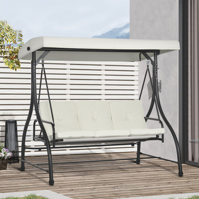 Outsunny 3 Seater Canopy Swing Chair, 2 in 1 Garden Swing Seat Bed, with Adjustable Canopy and Metal Frame, Cream White 