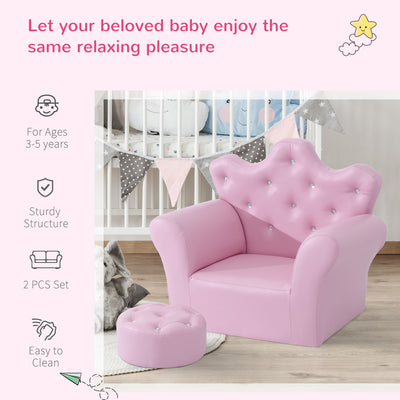 HOMCOM Children Kids Sofa Set Armchair Chair Seat with Free Footstool PU Leather for Girls 58L x 40.5W x 49H cm Pink 