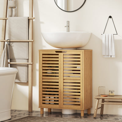 HOMCOM Under Sink Bathroom Cabinet, Freestanding Bamboo Under Sink Cabinet with Louvered Doors and Adjustable Shelf, Natural