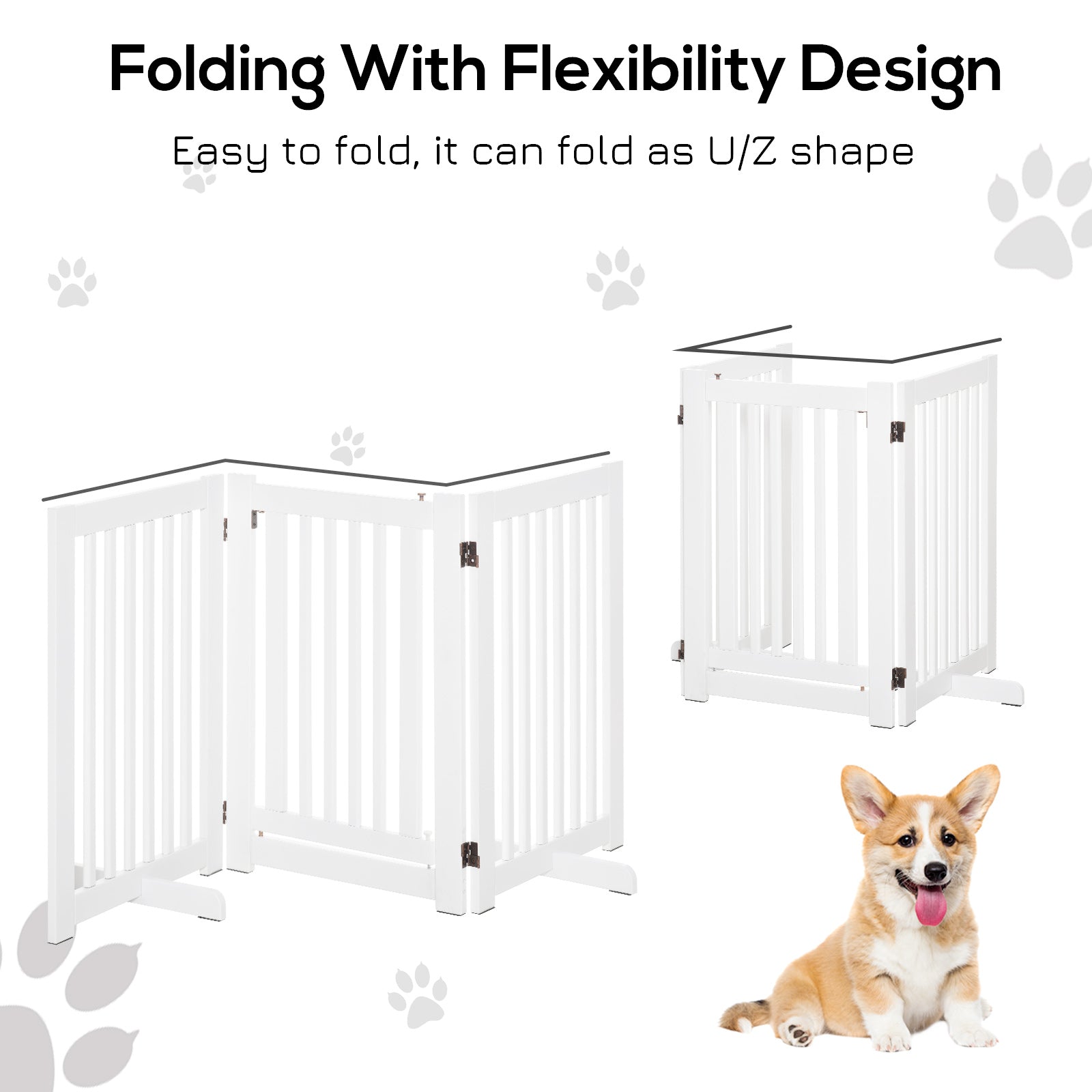 PawHutPet Gates MDF Freestanding Expandable Dog Gate Wood Doorway Pet Barrier Fence w/ Latched Door White 