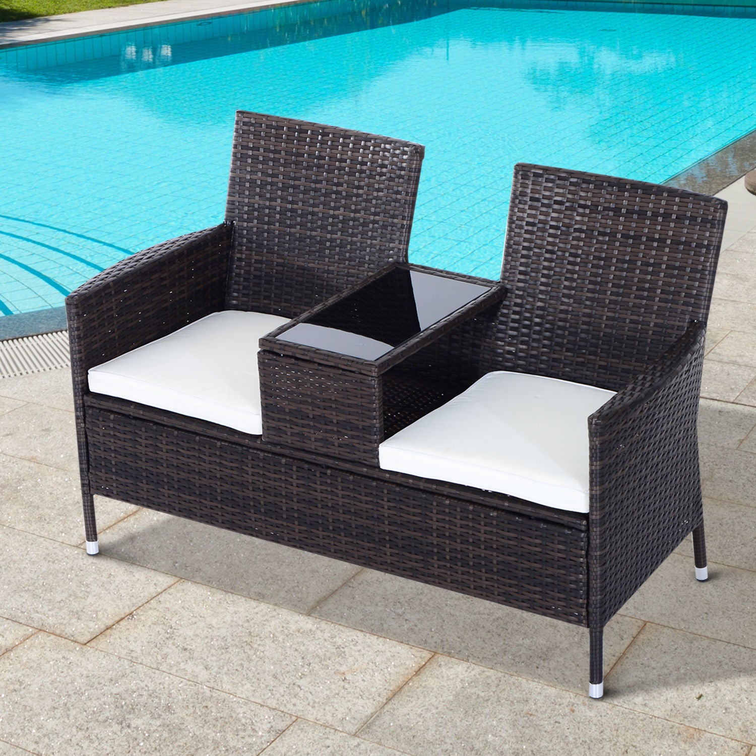 Outsunny 2-Seater Rattan Chair Furniture Set W/ Middle Tea Table-Brown 