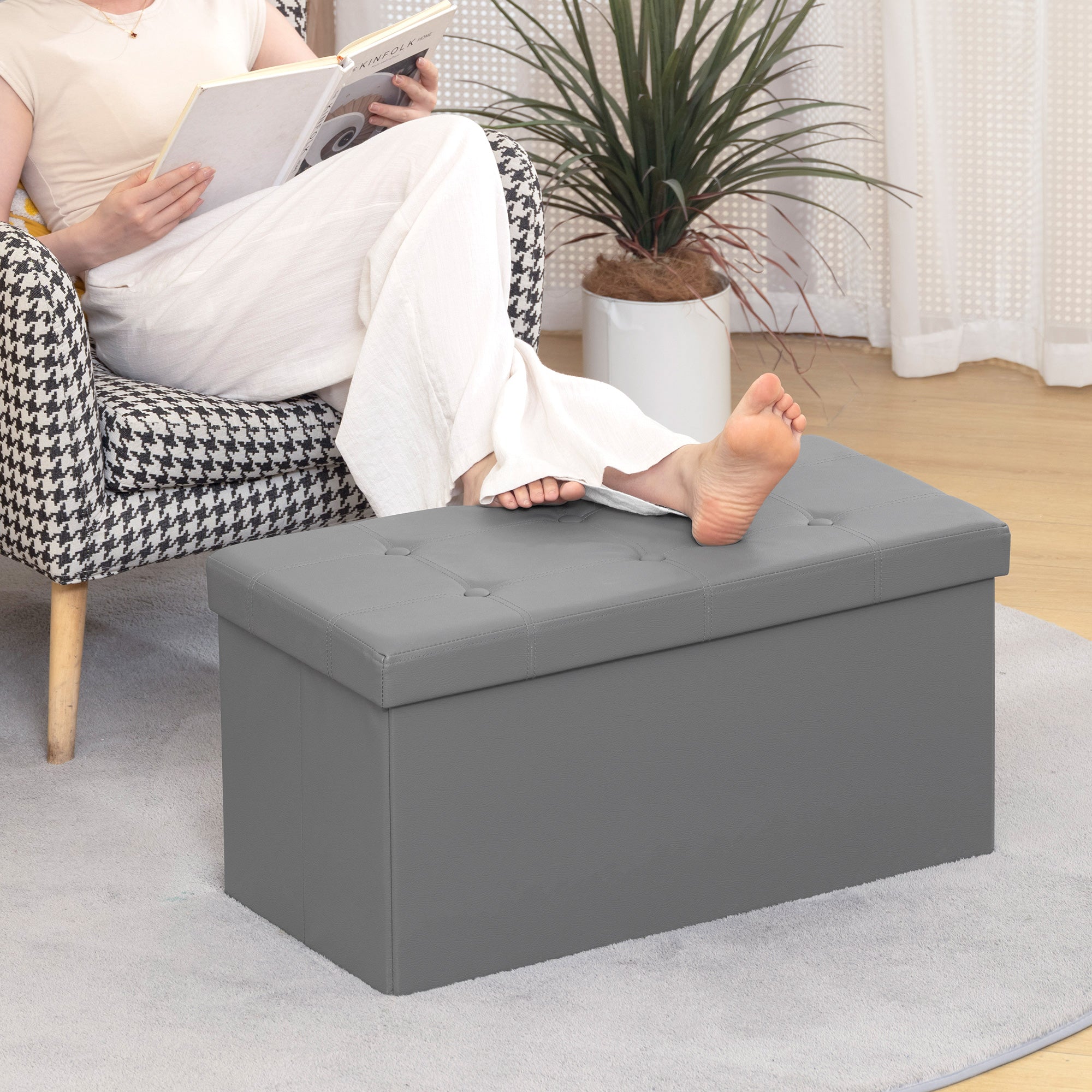 HOMCOM Storage Ottoman Bench, 89L PU Leather Folding Foot Rest Stool, End of Bed Bench, Easy Assembly, for Living Room, Bedroom, Entryway, Grey 