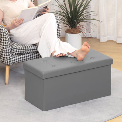 HOMCOM Storage Ottoman Bench, 89L PU Leather Folding Foot Rest Stool, End of Bed Bench, Easy Assembly, for Living Room, Bedroom, Entryway, Grey 