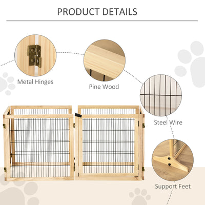 PawHut Wooden Pet Gate, Freestanding Dog Safety Barrier with Two Support Feet - Natural Tone 