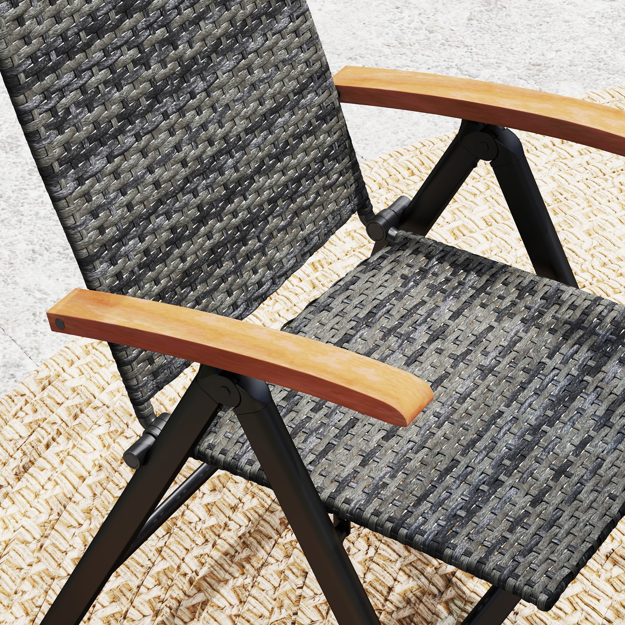 Outsunny Outdoor Folding Rattan Chair with Armrests, High Backrest, for Garden, Camping, Balcony, Porch - Mixed-grey 
