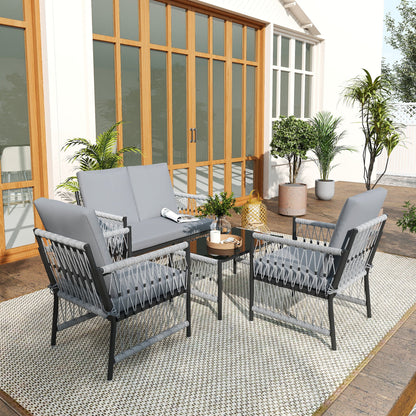 Outsunny 4 Piece Rattan Garden Furniture Set, 4 Seater Wicker Patio Conversation Set with 2 Armchairs, Loveseat, Glass Top Coffee Table and Cushions for Outdoor, Balcony, Grey 