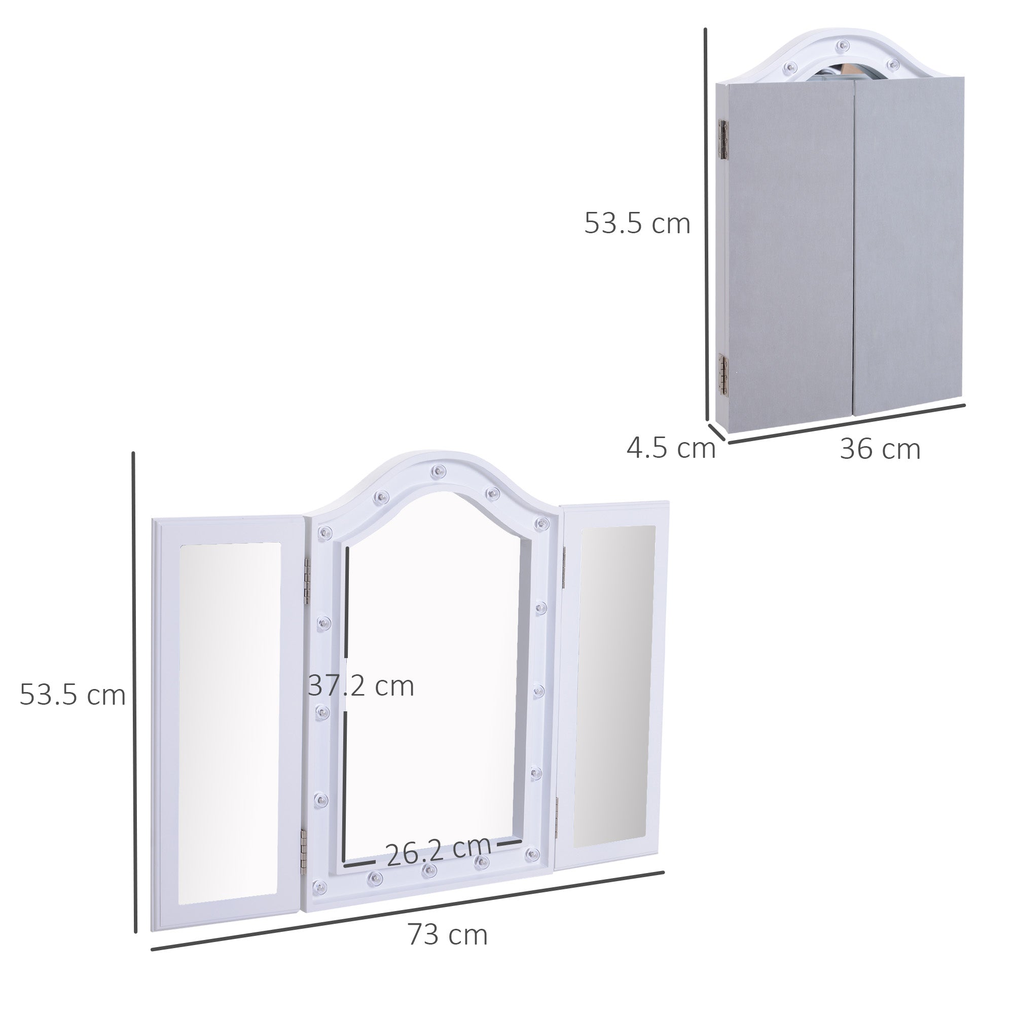 HOMCOM Trifold Freestanding Mirror, Lighted Tabletop Vanity Mirror Large Cosmetic w/16 LED Lights powered by batteries Foldable For Bedroom- White 