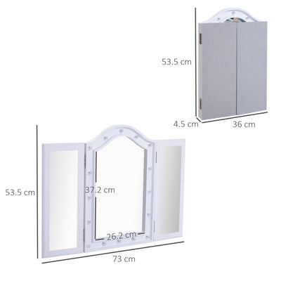 HOMCOM Trifold Freestanding Mirror, Lighted Tabletop Vanity Mirror Large Cosmetic w/16 LED Lights powered by batteries Foldable For Bedroom- White 