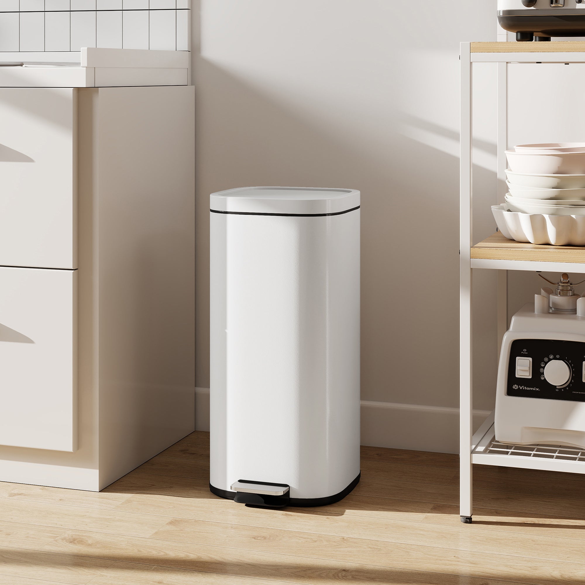 HOMCOM 30L Kitchen Bin, Compact Pedal Bin with Soft-Close and Stay-Open Lid, Removable Bucket for Kitchen, Home, Office, Cream 