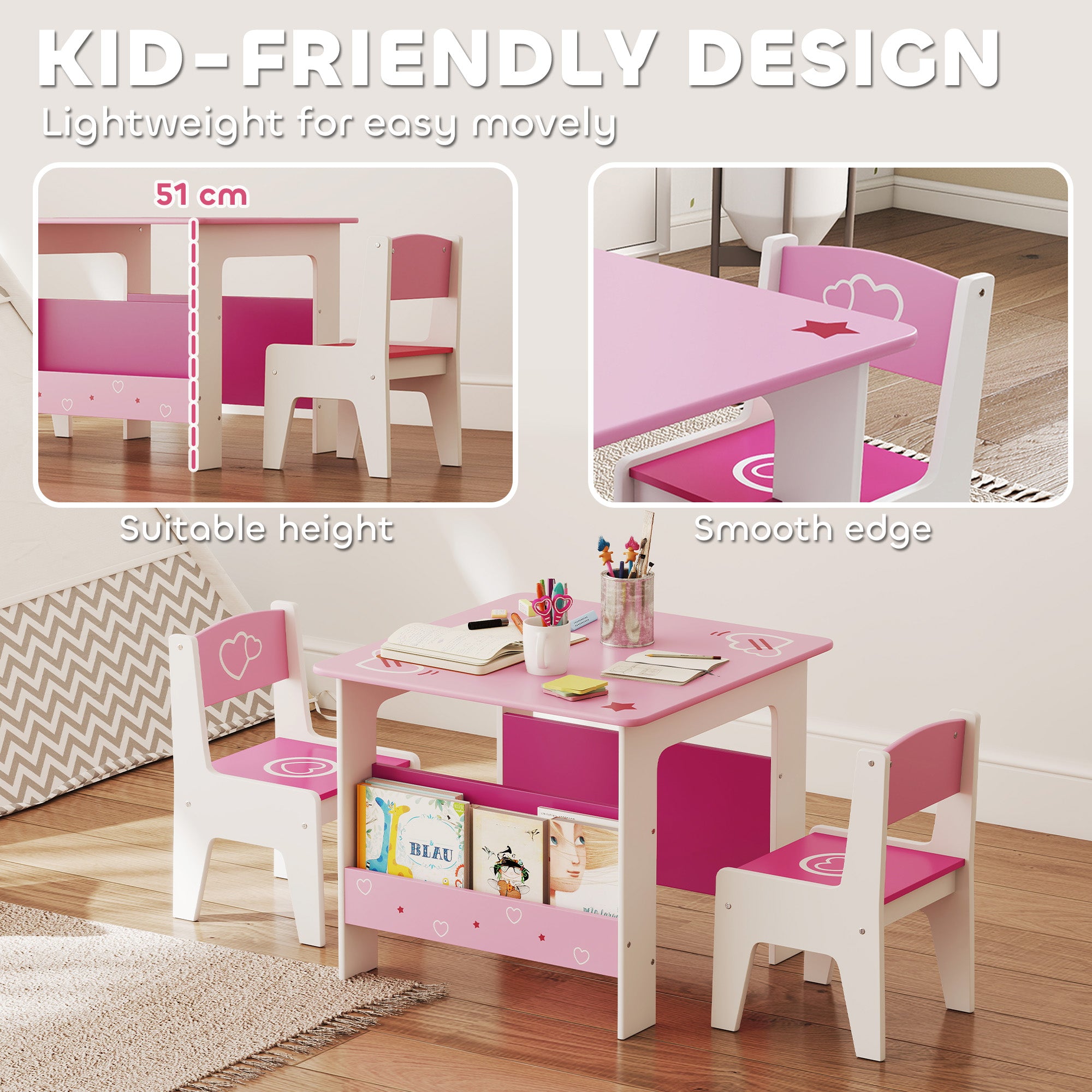 AIYAPLAY 3 Pieces Kids Table and Chair Set, Toddler Activity Table with Bookshelves, for Living Room, Nursery, Playroom, Pink 