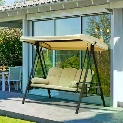 Outsunny Swing Chair Hammock Chair 3 Seater Canopy Cushion Shelter Outdoor Bench Steel Beige 