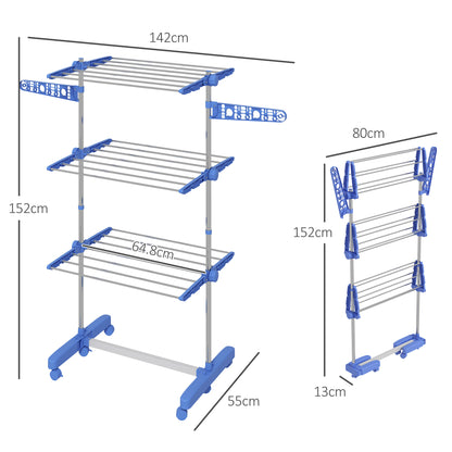 HOMCOM Three-Shelf Collapsing Clothes Horse, With Side Arms and Wheels - Blue 