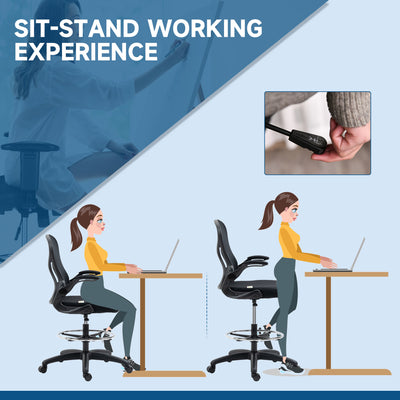 Vinsetto Adjustable Mesh Standing Desk Chair with Flip-up Armrests Lumbar Support Armrests Adjustable Footrest Ring Black 