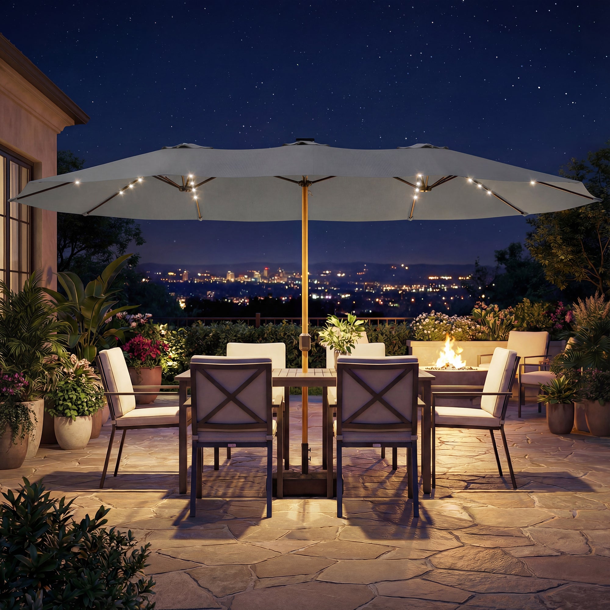 Outsunny Double Sided Garden Parasol with Base Included & 48 Solar LED Lights Patio Umbrella Crank Handle 4.6m Light Grey 