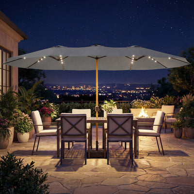 Outsunny Double Sided Garden Parasol with Base Included & 48 Solar LED Lights Patio Umbrella Crank Handle 4.6m Light Grey 