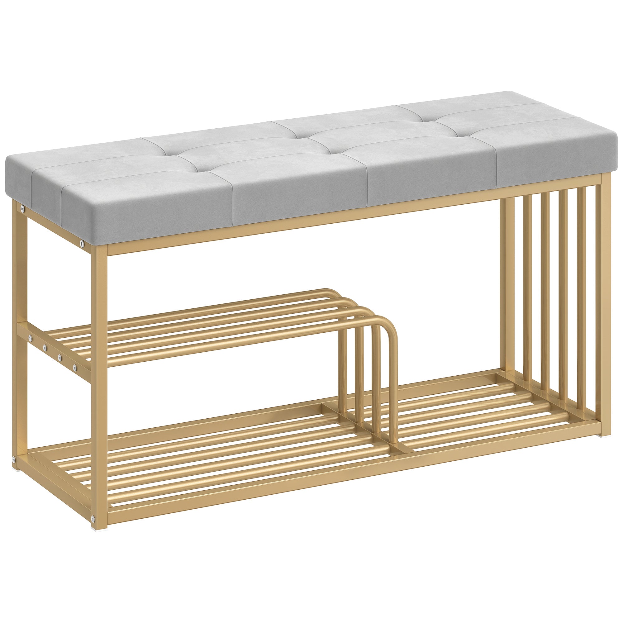 HOMCOM Bench and Shoe Storage, Tufted Shoe Storage Bench with Velvet Seat Cushion Gold Steel Frame for Entryway, Grey 