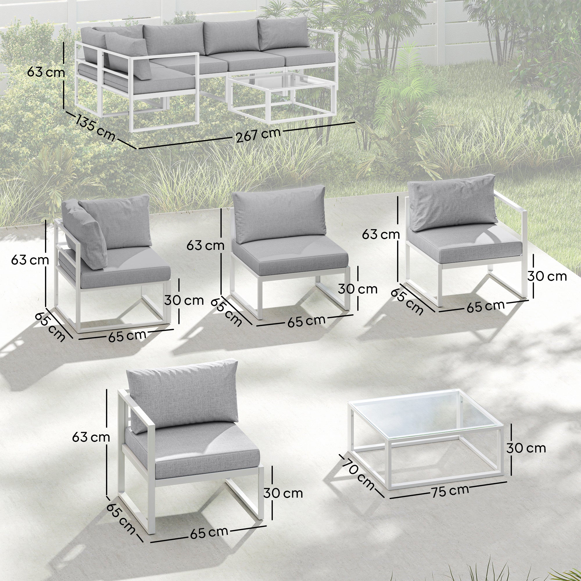 Outsunny 5 Seater Aluminium Garden Furniture Set, Garden Sofa Set with Thick Cushions for Patio and Balcony, Outdoor, Light Grey 