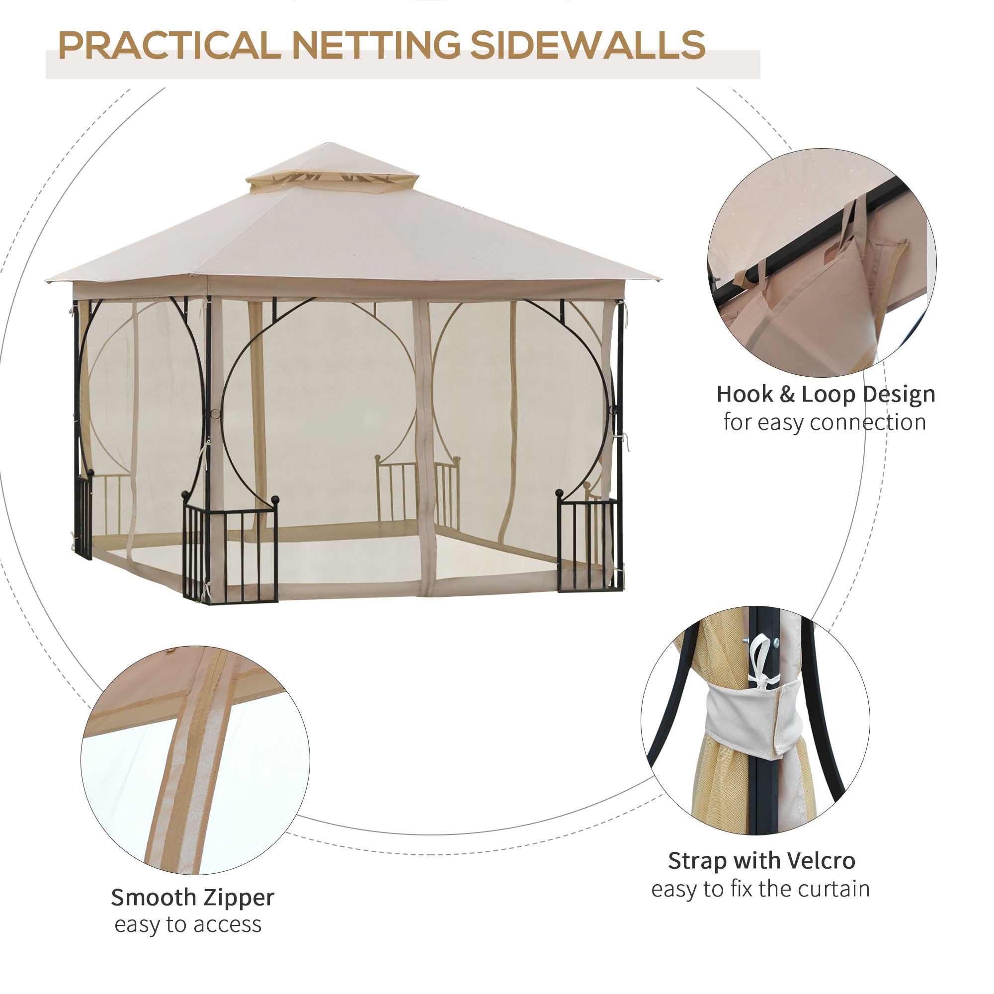 Outsunny 3 x 3(m) Garden Gazebo Patio Party Tent Shelter Outdoor Canopy Double Tier Sun Shade Metal Frame Netting, Beige 