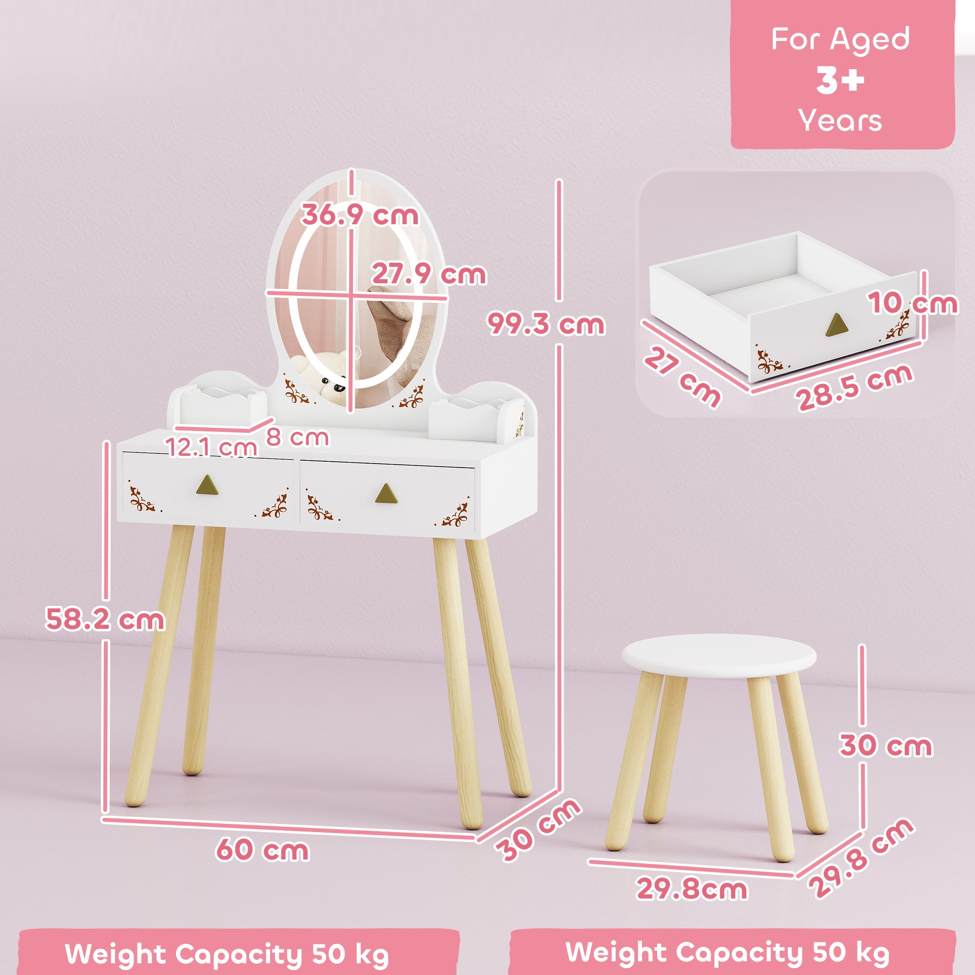 AIYAPLAY Kids Vanity Table and Chair Set with 3-Colour LED Lights Mirror, Drawer, Storage Boxes, for 3+ Years, White 