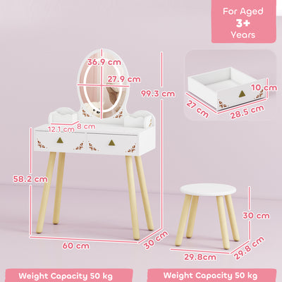 AIYAPLAY Kids Vanity Table and Chair Set with 3-Colour LED Lights Mirror, Drawer, Storage Boxes, for 3+ Years, White 