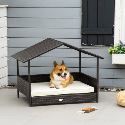 PawHut Wicker Dog House, Rattan Pet Bed, with Removable Cushion, Canopy, for Small and Medium Dogs - Cream 