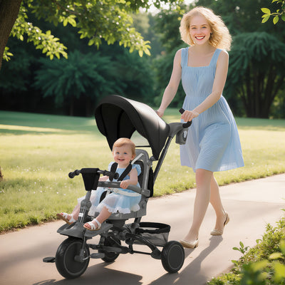 AIYAPLAY 6 in 1 Foldable Kids Trike with Adjustable Parent Handle & Canopy for Ages 1-5, Black 