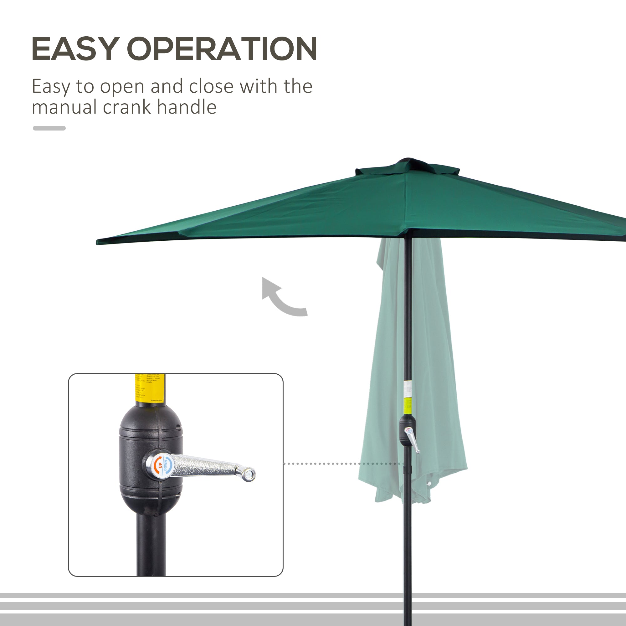 Outsunny 2.7m Garden Half Parasol, Outdoor Balcony Umbrella with 5 Steel Ribs, Patio Sun Shade, Green 