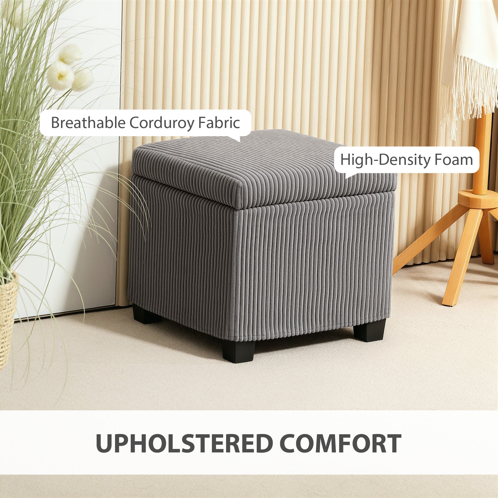 HOMCOM Storage Ottoman Bench, Corduroy Footstool with Removable Lid and Legs, 40cm Storage Chest Box for Living Room, Bedroom, Hallway, Grey 