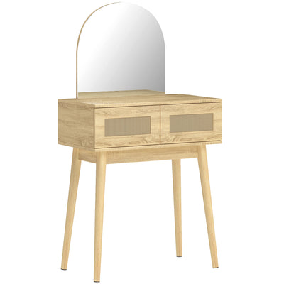HOMCOM Dressing Table, Compact Vanity Desk with Mirror and 2 Drawers, Natural Wood Finish 