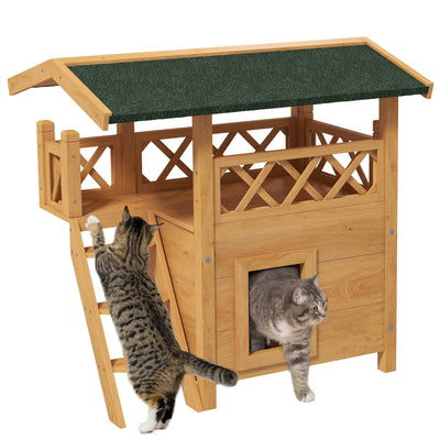 PawHut Cat House Outdoor w/ Balcony Stairs Roof, 77 x 50 x 73 cm, Natural Wood Finish 