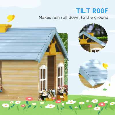 Outsunny Wooden Playhouse, Wendy House w/ Door, Bench, Flowerpot Holder, For Ages 3-7 Years, Blue 