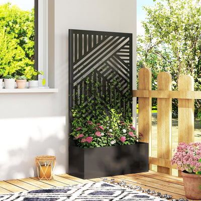 Outsunny Metal Garden Bed for Garden with Trellis, Raised Garden Bed with Privacy Screen, Geometric Slatted Cut-Out 