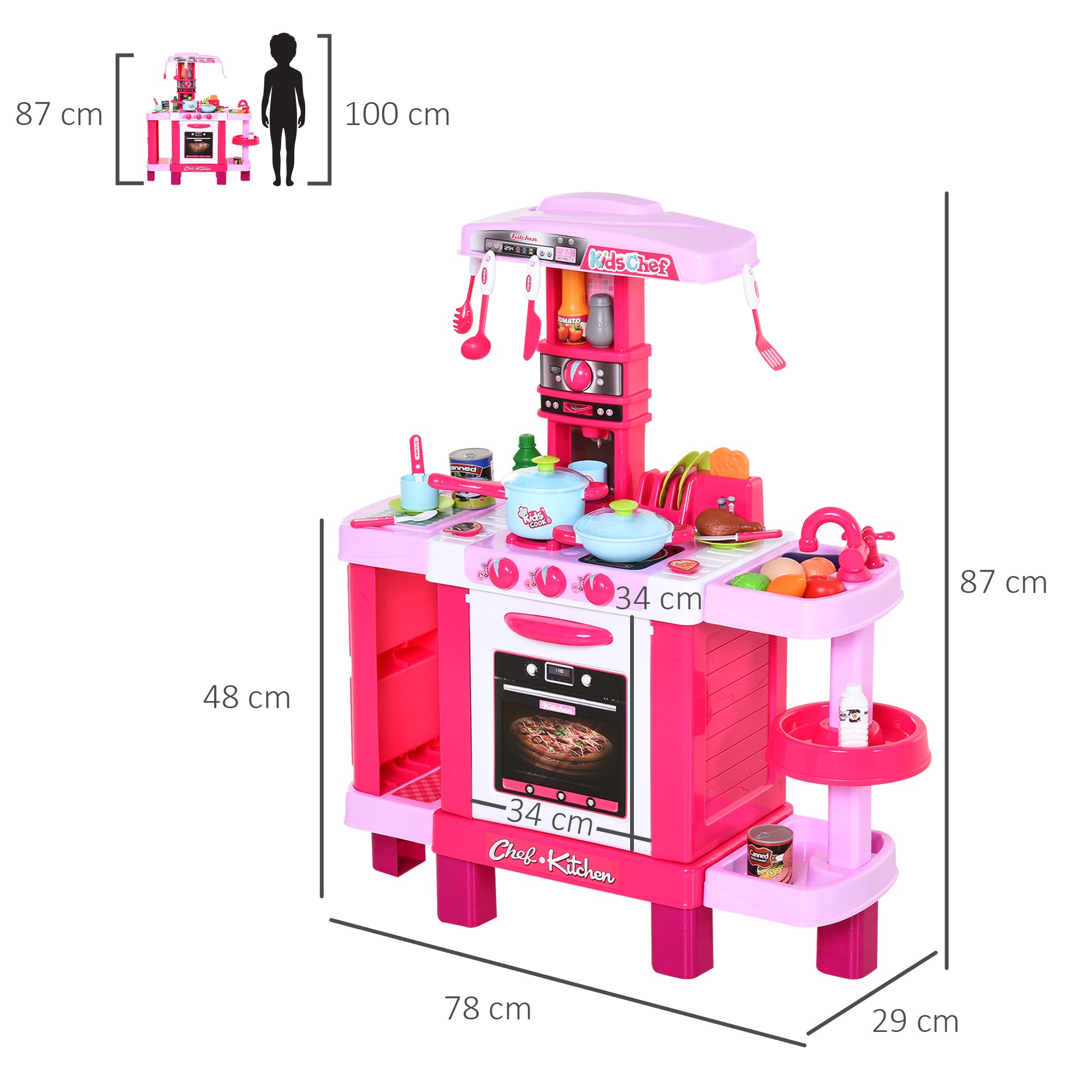 HOMCOM 38 Pcs Kids Children Kitchen Play Set w/ Realistic Sounds Lights Food Utensils Pots Pans Appliances Toy Game Pink 