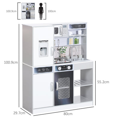 AIYAPLAY Pretend Play Toy Kitchen, Kids Kitchen Playset w/ Sounds, Lights, Running Water, Coffee Maker, Refrigerator 