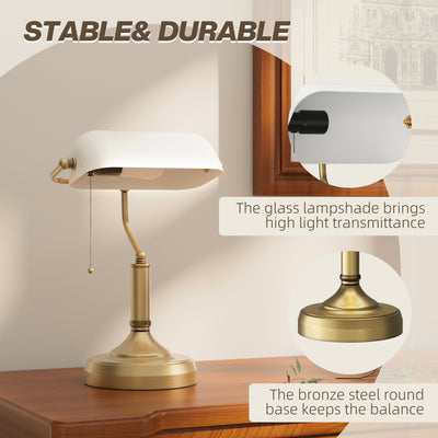 HOMCOM Banker's Desk Lamp with Antique Bronze Tone Base, Table Lamp with White Glass Shade for Home Office, White 