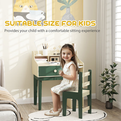 AIYAPLAY Kids Desk and Chair Set with Storage Shelves and Drawer, Green 